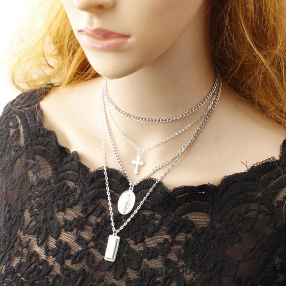 

Women Trendy Crucifix Cross Necklace Vintage Multi Layer Choker Pendant Jewelry Silver #1