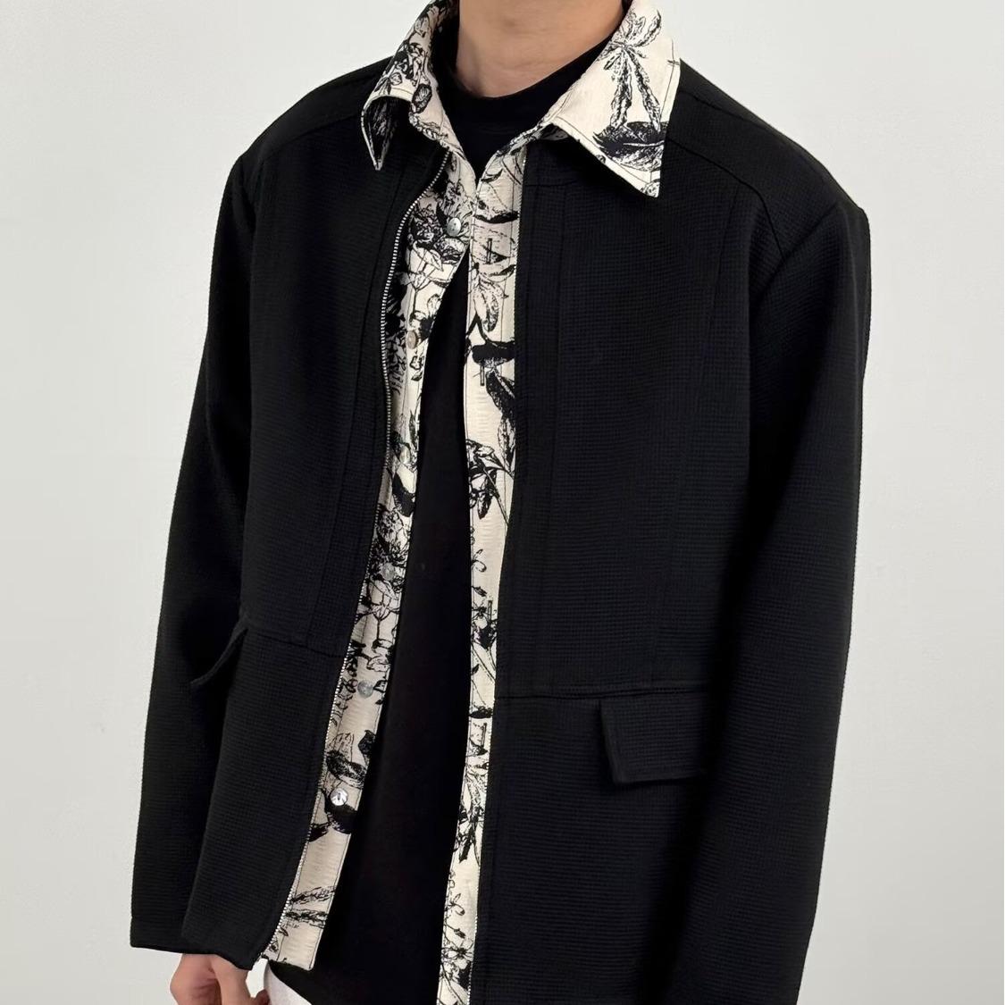

American Cleanfit Ink Flower Waffle Double Sided Fake Two-piece Zip Shirt Jacket Men s and Women s Premium Jacket 3XL чёрный