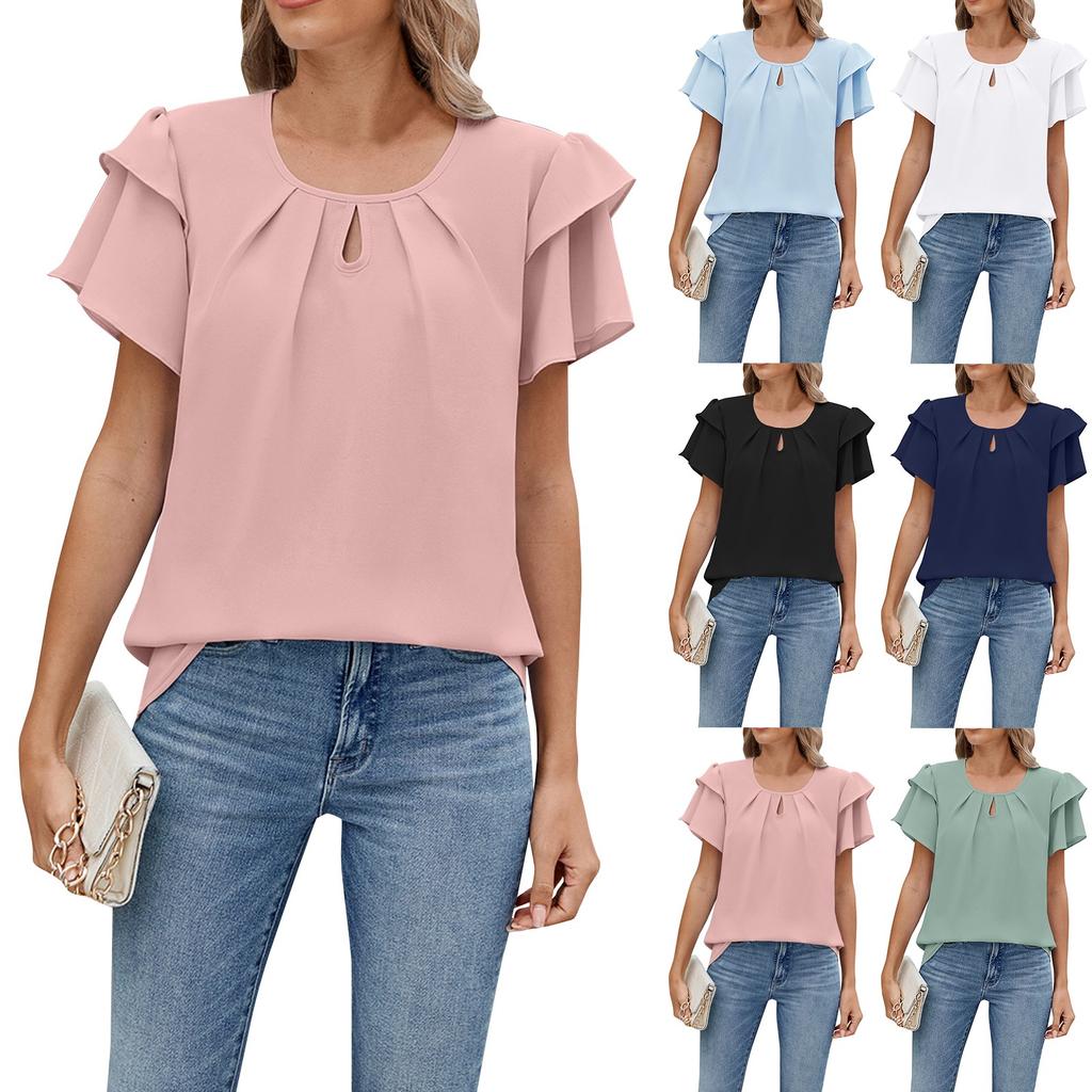 Women's Spring And Summer Tops Fashion Women's Loose Solid Color Round Neck Short Sleeve Loose Chiffon Shirt Tops