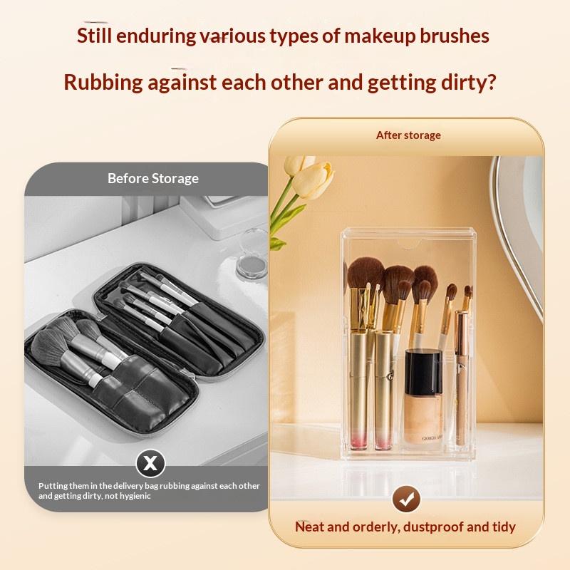Flip-Top Clear Makeup Brush Holder Cosmetic Storage Box Dust-Proof Desktop Organizer