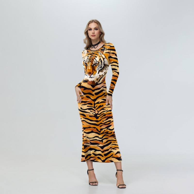 

Весенне-осеннее платье с длинным рукавом и тигровой головой, цифровая печать, круглый вырез, длинное платье для женщин XL