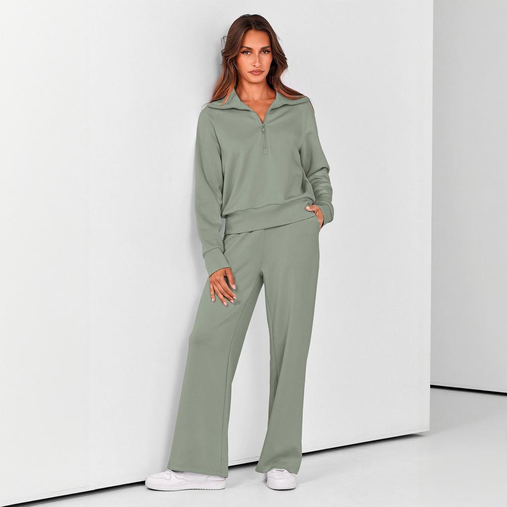 Women's Zip Up Long Sleeve Hoodie and Wide Leg Pants Activewear Set