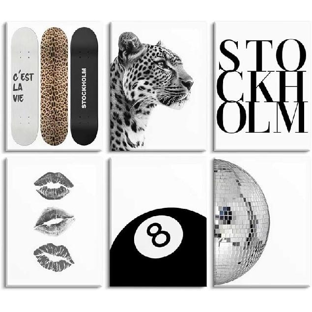 Fashion Trendy Leopard Wall Art Set of 6 Stockholm Preppy Room Painting Picture Wall Decor Black White Aesthetic Cheetah Poster Print Artwork for