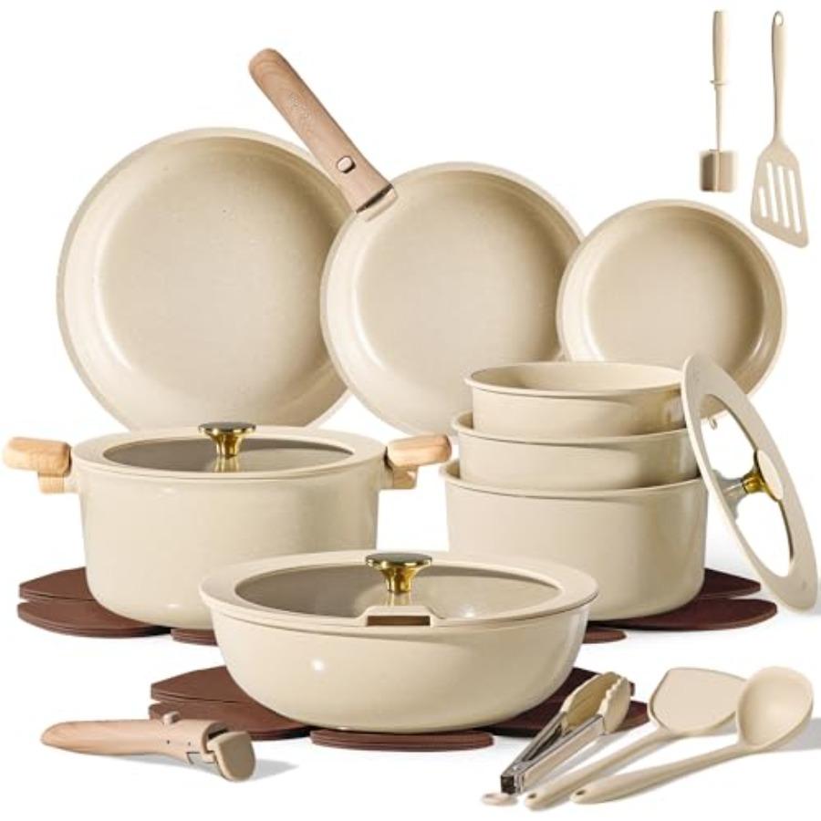 

25PCS Ceramic Cookware Set Pots and Pans Non Stick RV Kitchen Cooking Set with Removable Handles Oven Safe Induction Compatible