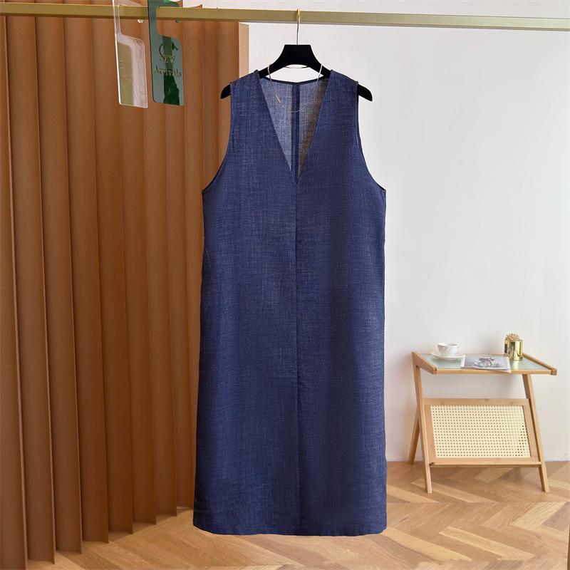 

Retro Cotton Linen Sleeveless Denim Blue Dress - Summer Casual Mid-Length Skirt Double Extra Large джинсовий синього кольору