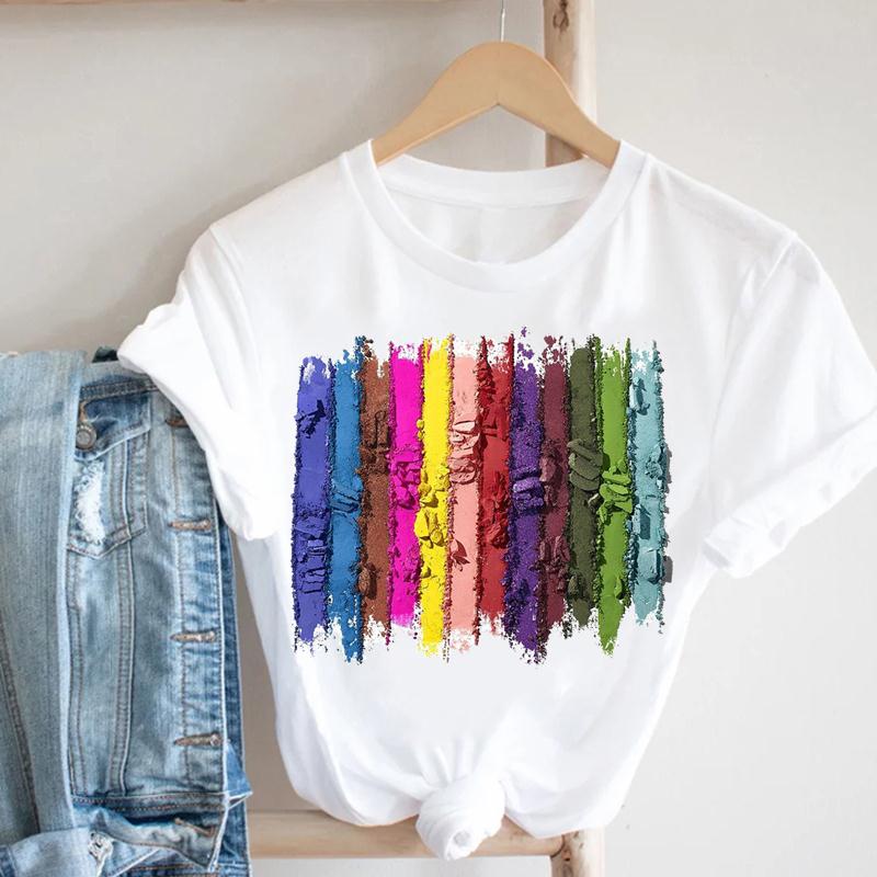 Summer Fashion Women T-shirt Short Striped Make Up Printing Spring Sleeve Lady Print Tee Top Female Clothing Casual Graphic T-shirt