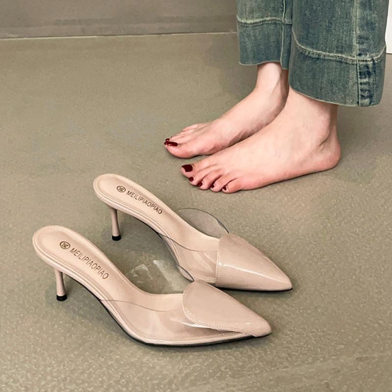 Fashion Transparent PVC Design Brand Slippers Women High Quality Patent Leather Thin Heel Slide Sandals Comfort Tacones Mujer Elegantes