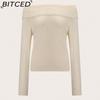BITCED Women's Tailored Off-Shoulder Sweater Sexy Bare-Shoulder Knit Sweater Solid-Color Base Layer Knit Top