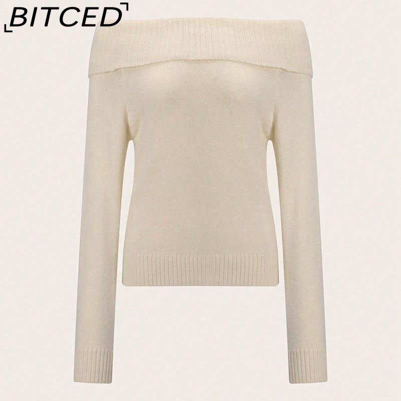 BITCED Women's Tailored Off-Shoulder Sweater Sexy Bare-Shoulder Knit Sweater Solid-Color Base Layer Knit Top