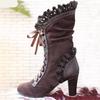 Autumn and winter new Martin boots women's lotus edge thick heel high heel medium boots women's lace-up