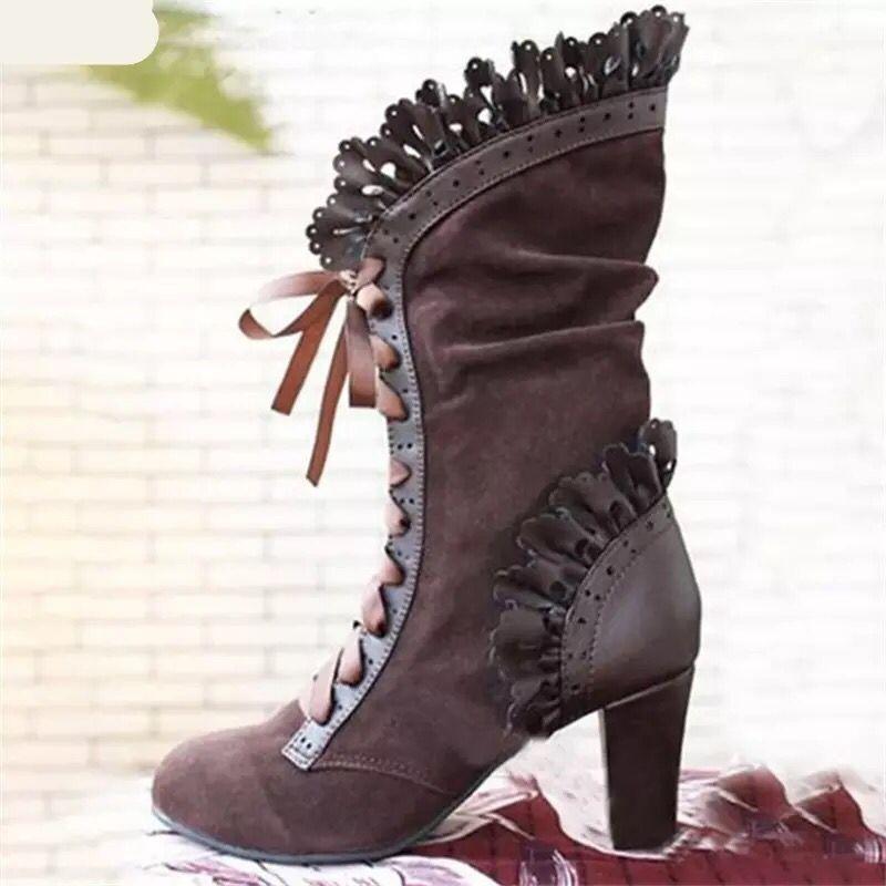 Autumn and winter new Martin boots women's lotus edge thick heel high heel medium boots women's lace-up