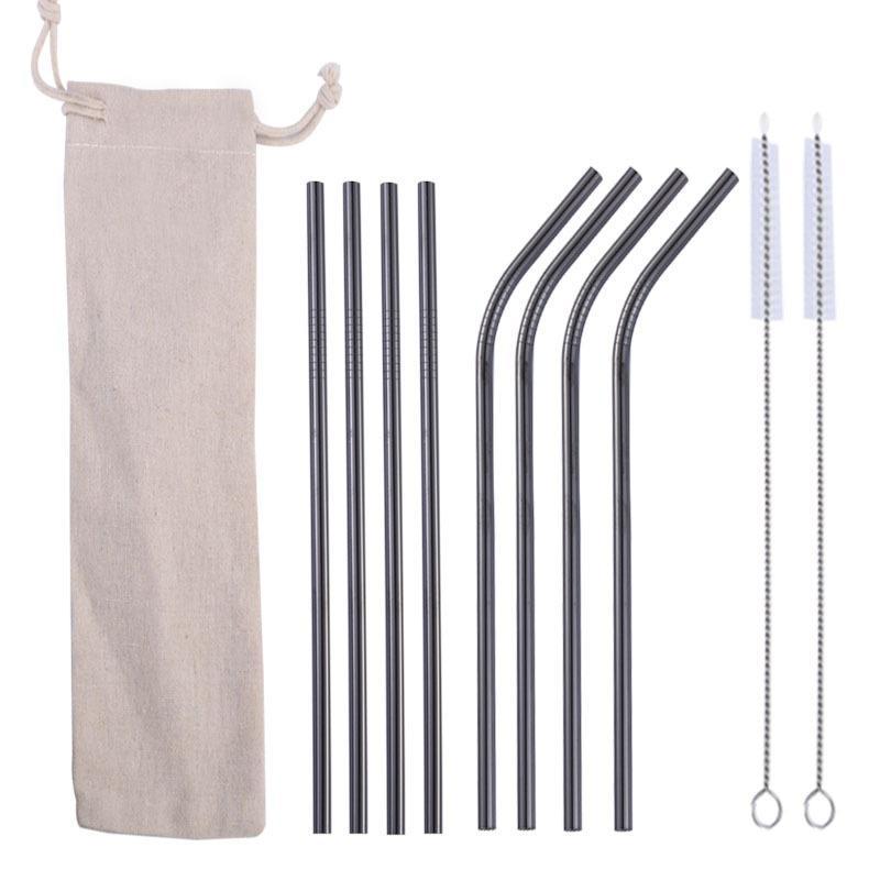 10 Pcs Metal Reusable 304 Stainless Steel Straws Straight Bent Drinking Straw with Case Cleaning Bru