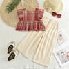 Street Style Square Collar Single Breasted Checkered Top+wide Leg Pants Two-piece Set Korean Version Casual Girls Aged 3-10
