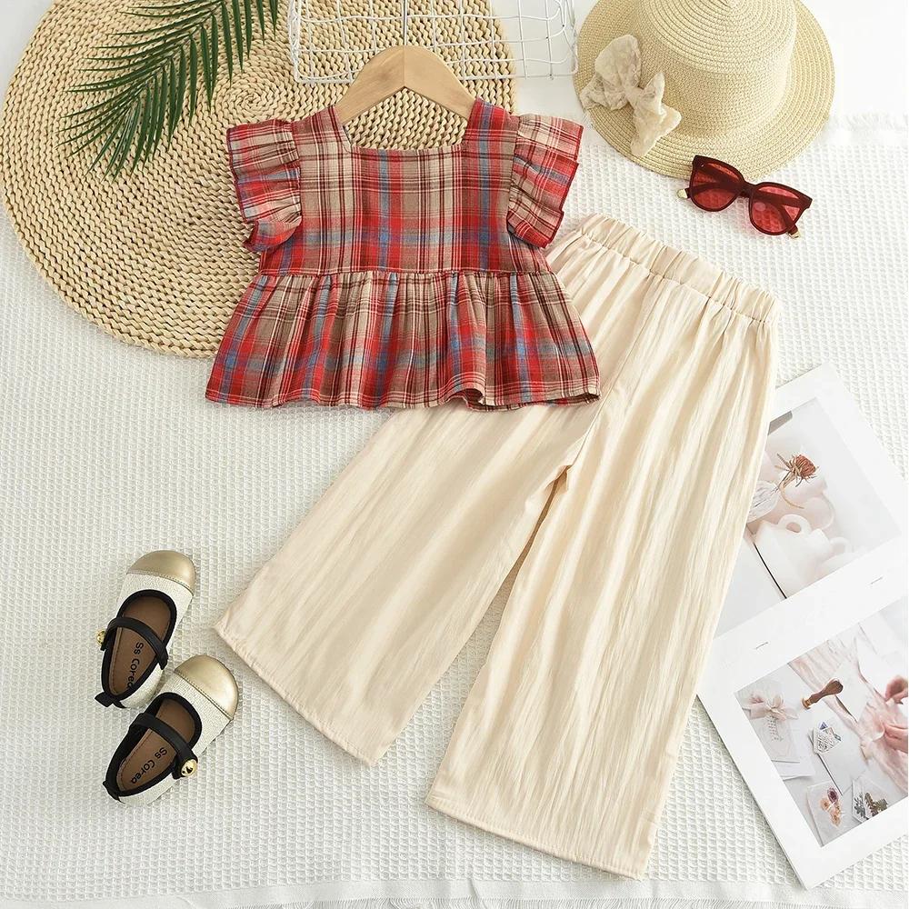 Street Style Square Collar Single Breasted Checkered Top+wide Leg Pants Two-piece Set Korean Version Casual Girls Aged 3-10