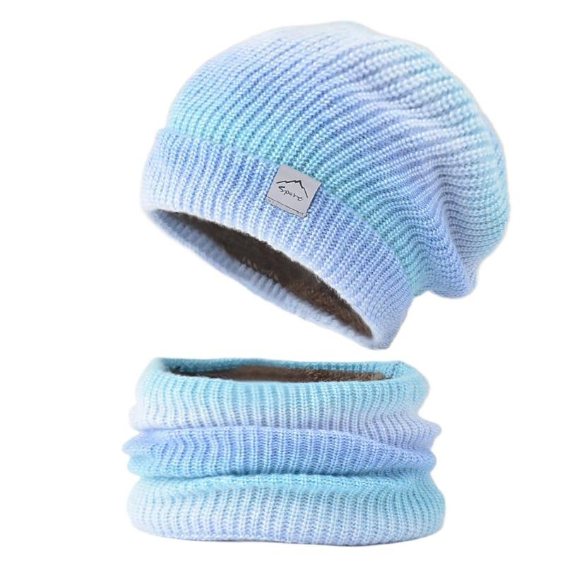 Hat autumn and winter Korean version gradual change color wool hat thickened warm ear protection cold knitted hat two-piece set