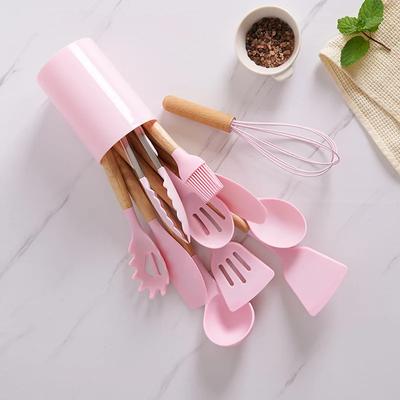 12-piece Set of Wooden Handle Silicone Kitchenware with Storage Bucket High Temperature Resistant Non-stick Spatula