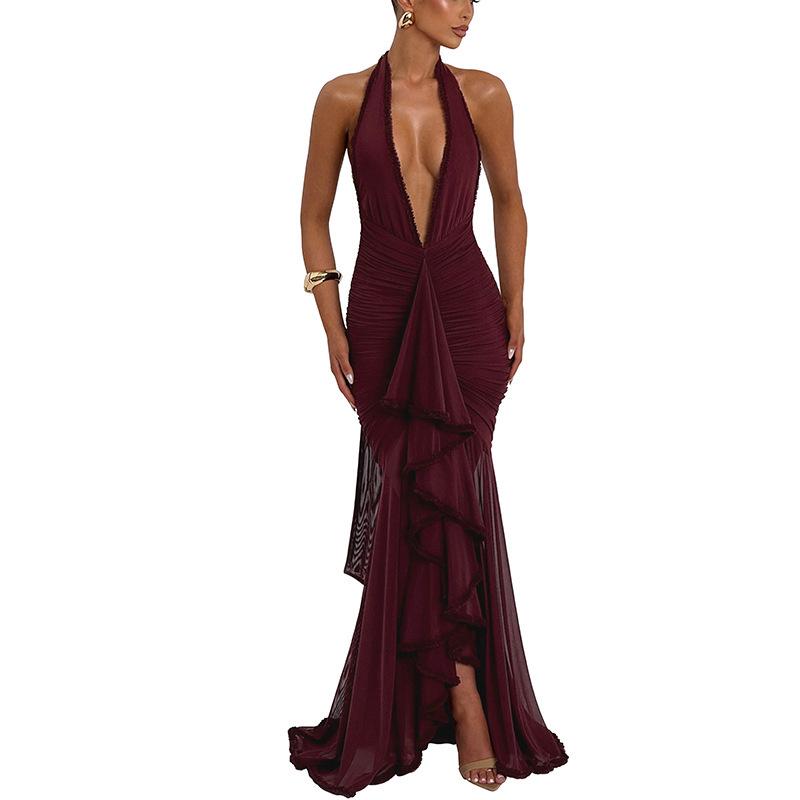 2026 European & American Mesh Patchwork Elegant V-Neck Halter Backless Hip-Hugging Maxi Dress
