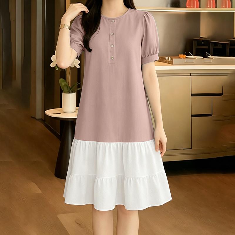 ZANZEA Women Casual Round Neck Loose Short Sleeve Splice Dress