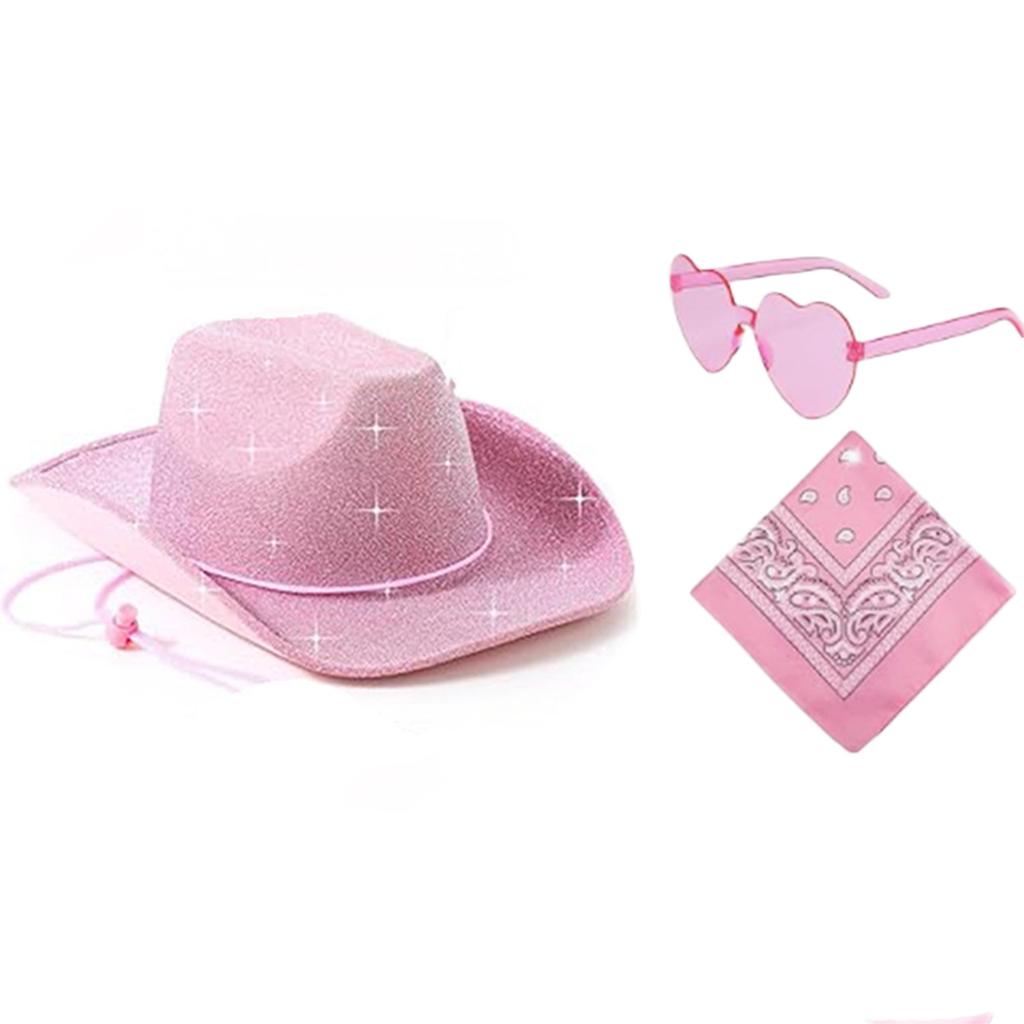 Glittering Pink Cowboy Hat Bandana Sunglasses Costume Women Musical Festival Dress Up Costume Bachelorette Party Props
