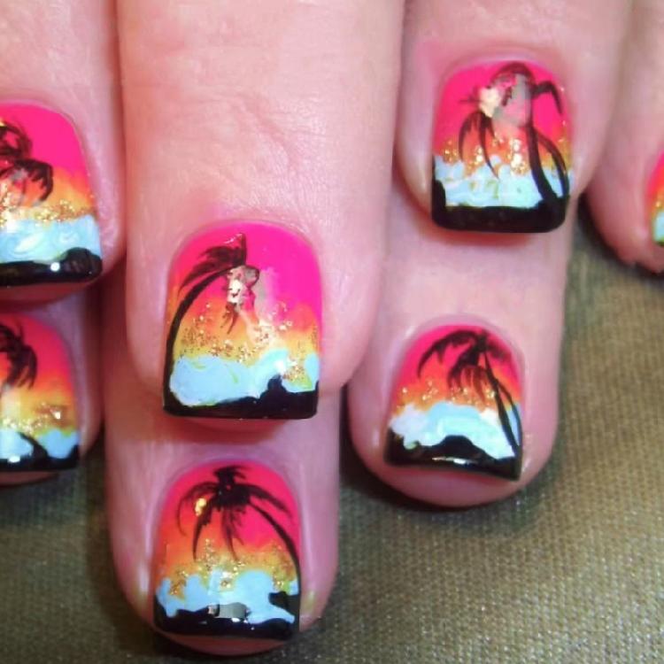 

24PCS Sunset Glossy Press On Nail Short Square False Nail Tropical Coconut Tree Design For Parties Weddings Daily Life 1