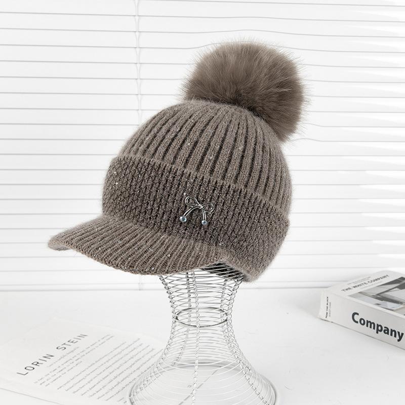 Winter New Duck Tongue Wool Hat Women's Thickened Warm Ear Protection Hairball Knitted Hat Cycling Cold Hat