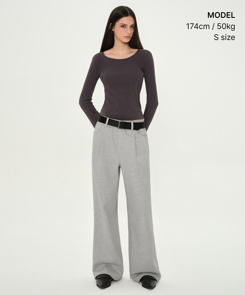 MUSINSA STANDARD WOMAN Pigment Ribbed Slim Scoop Neck Long Sleeve T-Shirt [Charcoal Gray]
