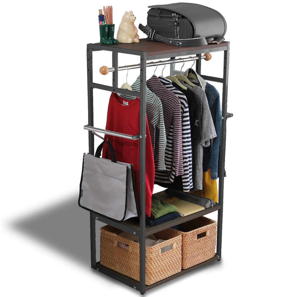 

Kids Hanger Storage For Height Coat Schoolbag Rack ottostyle.jp Rack, Rack, Steel, Children, Three-level Adjustment, Hanger, (Dark Walnut/Black Frame)