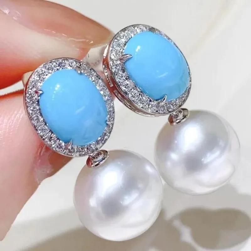 

Розкішні круглі сережки з імітацією перлів для жінок Сріблястий колір Метал Інкрустований Синій камінь Циркон Висячі сережки Жінки