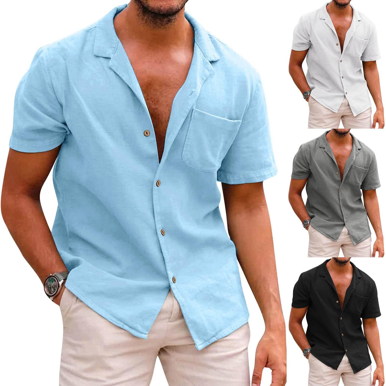 

Мужские свободные хлопковые и льняные однотонные рубашки с лацканами и короткими рукавами с карманами, декоративные повседневные рубашки, топы
