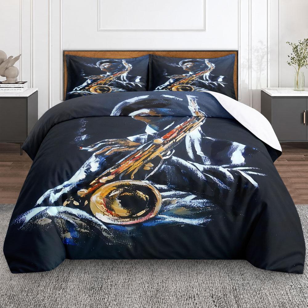 Bohemian Jazz Saxophonist Night Portrait Dark 3-Piece Bedding Set, Modern Duvet Cover with Button Closure, King Size Duvet Cover with Pillowcases