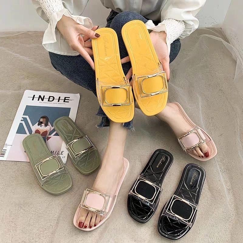 Versatile trend non-slip square buckle slippers women's outer wear summer  fashionable transparent casual and comfortable slippers