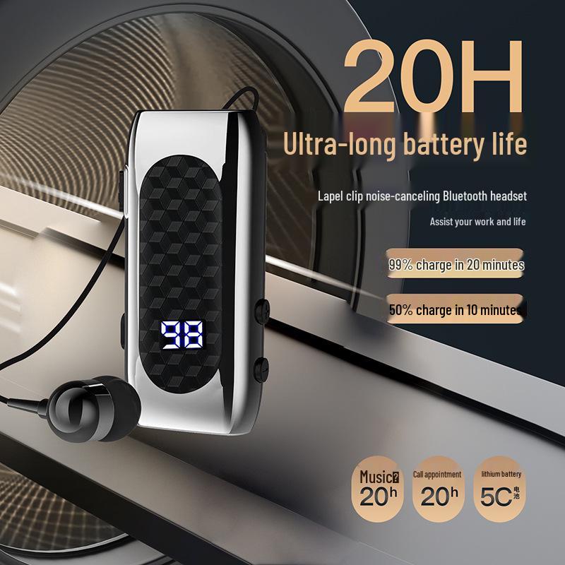 DR13 Clip-On Bluetooth Earphone with Retractable Pull-Out Line, 20H Battery, Digital Display, Business Call Vibration & Number Reporting.