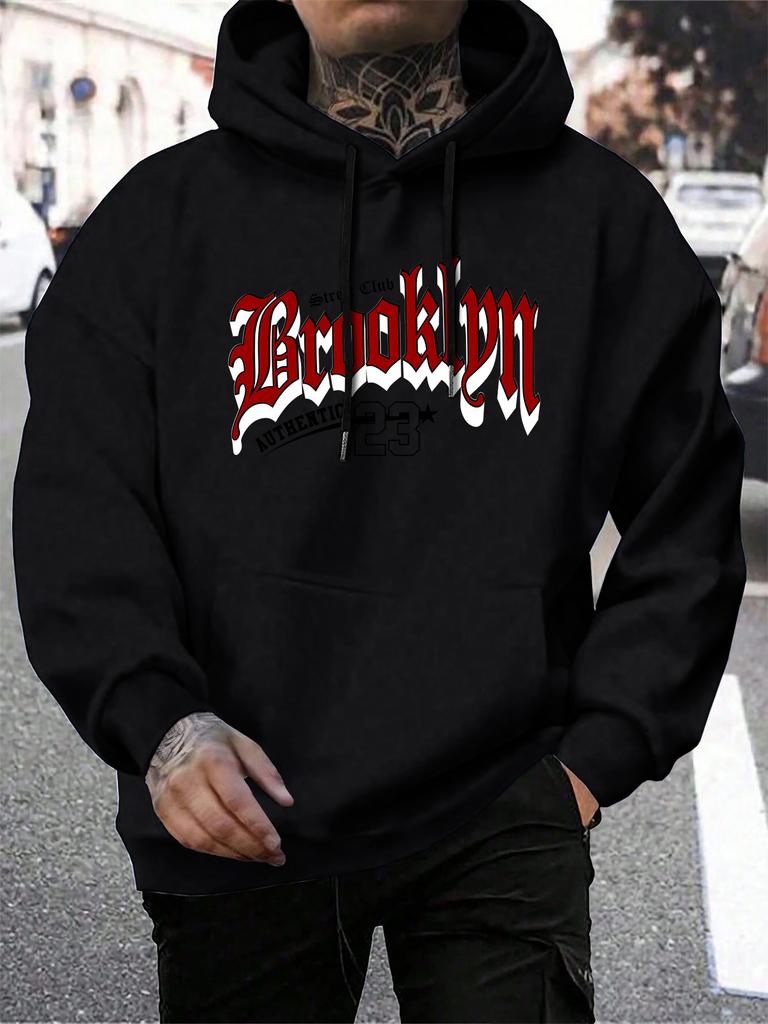 Brooklyn 23 Letter Print Men'S Pullover Fashion Warm Hoodie Casual Pocket Man Hooded Autumn Big Size Streetwear