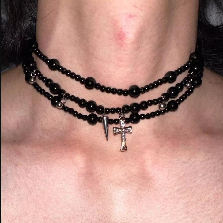 Hot Selling Goth Rose Flower Imitation Pearl Cross Pendant Necklace for MenMulti Layers Simulated Pearl Aesthetic Vintage Luxury