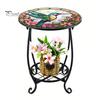 2-layer Storage Rack Outdoor Side Table, Round Small Mosaic Bird Butterfly Patio Accent, Indoor End Table Plant Coffee Tea for Yard Porch Garden