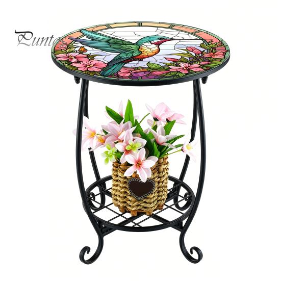 2-layer Storage Rack Outdoor Side Table, Round Small Mosaic Bird Butterfly Patio Accent, Indoor End Table Plant Coffee Tea for Yard Porch Garden