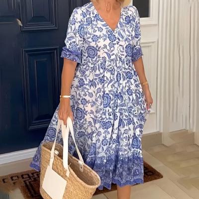 Sommer Kurzarm Print Floral Damenkleid Übergröße Mode V-Ausschnitt Elegant Locker Lässiges Kleid Dame Vintage Sexy Clubkleider Damenbekleidung 25030