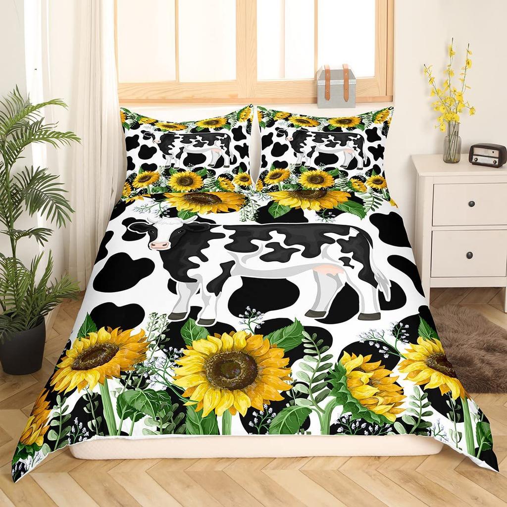 Farm Cow Duvet Cover Three-Piece Sunflower Quilt Cover Cute Cow Bedding Set