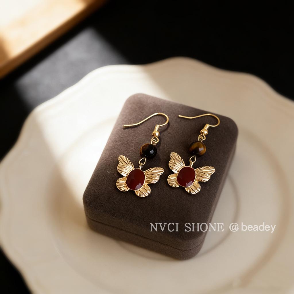 Literary retro enamel drop glaze burgundy butterfly natural stone tiger s eye stone earrings jewelry earrings