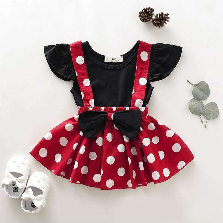 Ensemble 2 pièces Robe Fille d'Été Robe à Pois avec Nœud pour Fille Ensemble Deux Pièces Ensemble Robe Princesse Mignonne Tenue de Spectacle 120(3-4Y) black