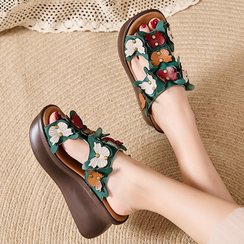 Fashion GKTINOO Genuine Leather Summer Shoes Women Slippers Wedges Outside Slides Flowers 2025 New Handmade Concise Ladies Slippers