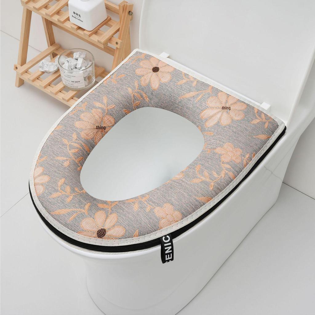 Breathable Cotton Linen Washable Toilet Seat Cover with Handle and Zipper - Universal Fit and Skin-Friendly