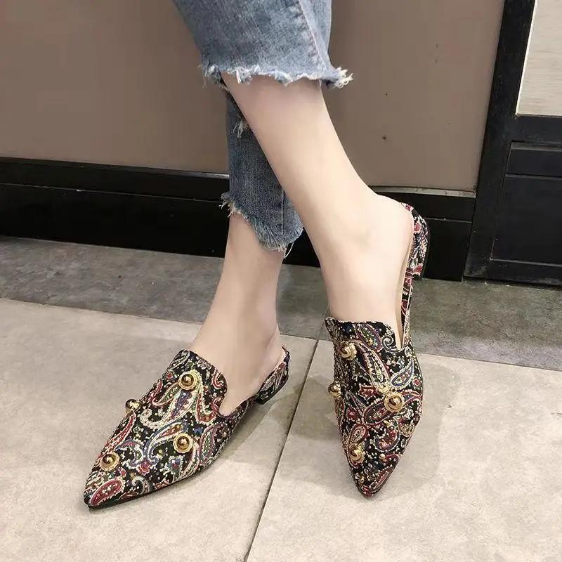 Fashion Pointed Toe Mules Slides Shoes For Women Tide Woman Slippers Multi Color Outside Flat Sandals Trend New Collection Sale Luxury Y