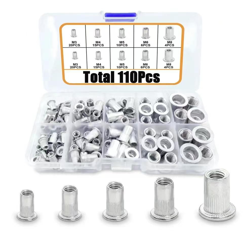 

110Pcs/set Rivet Nuts, Aluminum Flat Thread Nut Assembly Kit, Suitable For Automotive, Furniture, Industrial Products