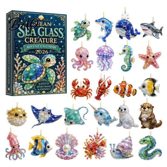 Desk Collection Figures Marine Life Advent Calendars 2026, 24 Days Christmas Countdown Calendar with 2D Acrylic Decorative Desktop Accessories Turtle