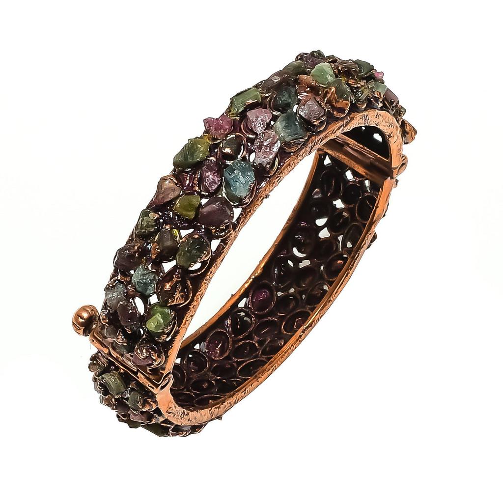 Multi-Tourmaline Cuff Bracelet Real Gemstone Bangle, Copper Electroformed Bracelet Handmade Jewelry, Adjustable Bangle For Gift Women Jewelry