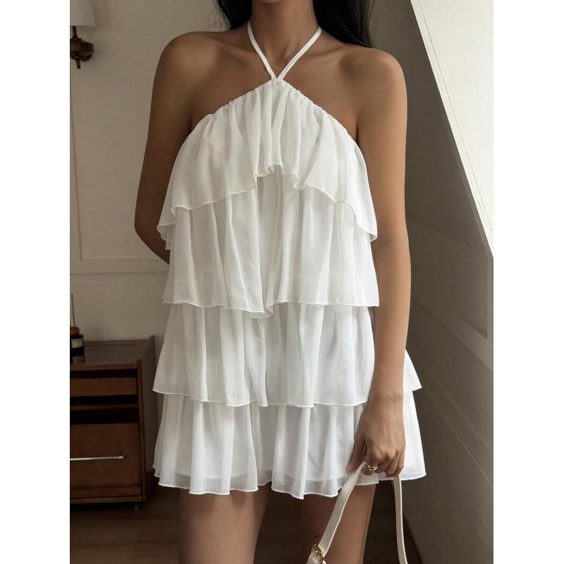 European summer new neck chiffon temperament short cake skirt off-the-shoulder sleeveless dress women