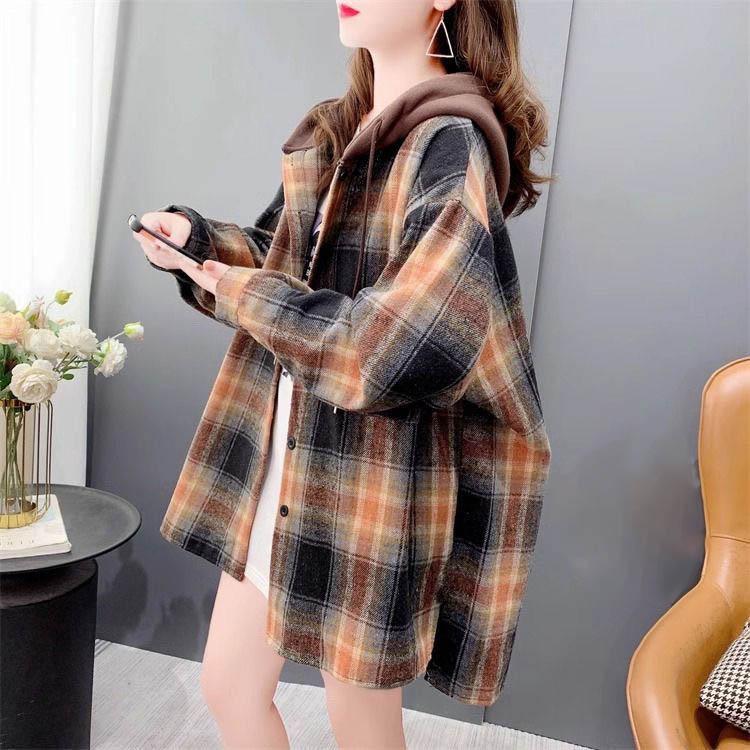 Thickened Jacket Female Winter Hooded Padded Shirt Loose Medium-length Casual Versatile Hooded Plaid Jacket Top Coat