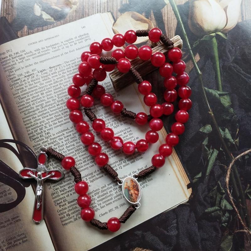 62KD 10mm Acrylic Bead Rosary Necklace Vintage Weave Catholic Religious for Cross Jesus Pendant Necklaces for Men Women