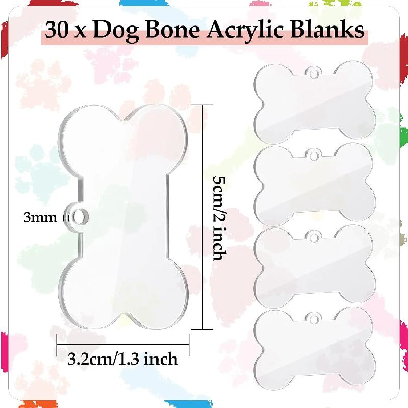 30Pcs Acrylic Bone Blanks Clear Acrylic Blank Dog Bone Shape Key Ring Kit Pet Ornament for DIY Keychain Craft and Project Making